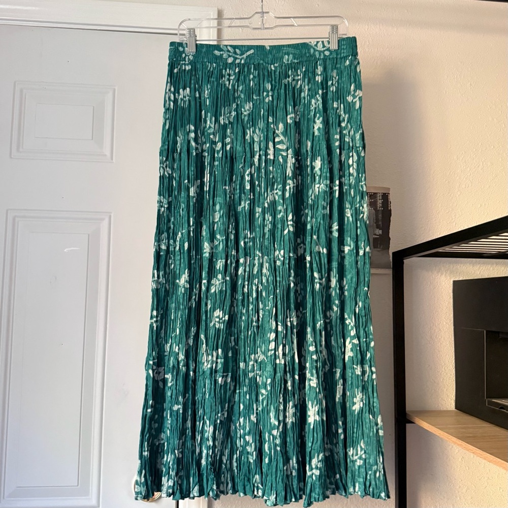 PHOOL vintage teal‎ green blue floral Hawaiian tiered pleated crinkle midi skirt